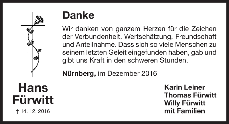  Traueranzeige für Hans Fürwitt vom 31.12.2016 aus Gesamtausgabe Nürnberger Nachrichten/ Nürnberger Ztg.