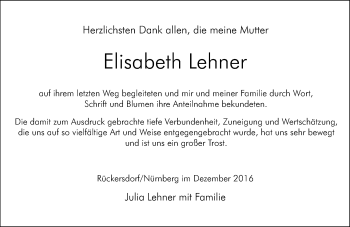 Traueranzeige von Elisabeth Lehner von Gesamtausgabe Nürnberger Nachrichten/ Nürnberger Ztg.