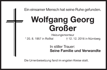 Traueranzeige von Wolfgang Georg Großer von Fürther Nachrichten Lokal