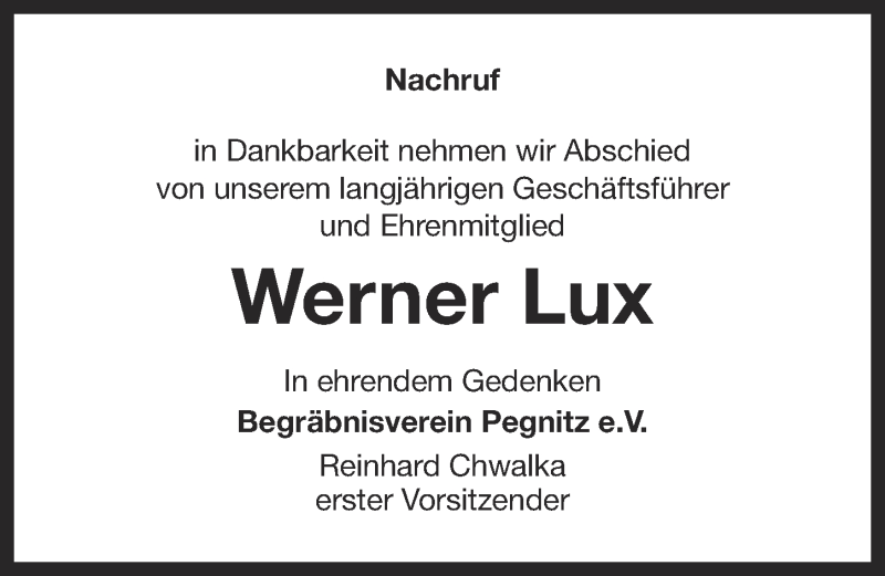  Traueranzeige für Werner Lux vom 20.12.2016 aus Nordbayerische Nachrichten Pegnitz Lokal