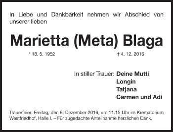 Traueranzeige von Marietta Blaga von Gesamtausgabe Nürnberger Nachrichten/ Nürnberger Ztg.