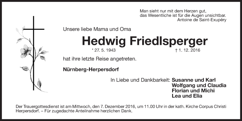  Traueranzeige für Hedwig Friedlsperger vom 03.12.2016 aus Gesamtausgabe Nürnberger Nachrichten/ Nürnberger Ztg.