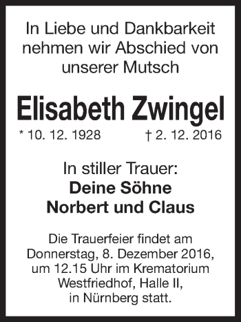 Traueranzeige von Elisabeth Zwingel von Gesamtausgabe Nürnberger Nachrichten/ Nürnberger Ztg.