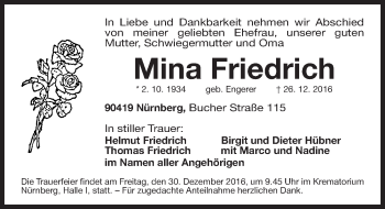 Traueranzeige von Mina Friedrich von Gesamtausgabe Nürnberger Nachrichten/ Nürnberger Ztg.