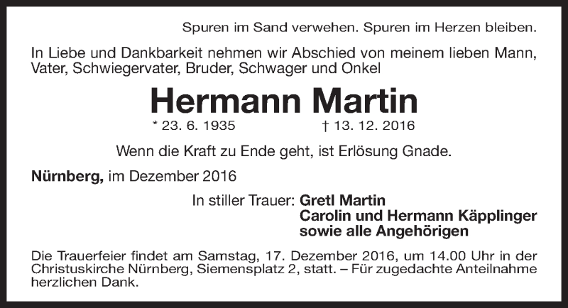  Traueranzeige für Hermann Martin vom 15.12.2016 aus Gesamtausgabe Nürnberger Nachrichten/ Nürnberger Ztg.
