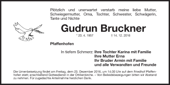 Traueranzeige von Gudrun Bruckner von Roth-Hilpoltsteiner Volkszeitung Lokal