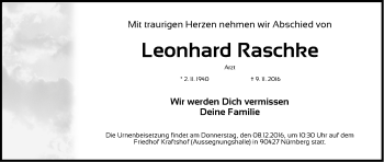 Traueranzeige von Leonhard Raschke von Gesamtausgabe Nürnberger Nachrichten/ Nürnberger Ztg.