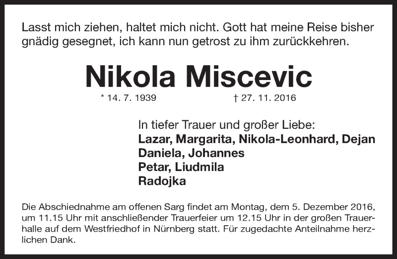  Traueranzeige für Nikola Miscevic vom 03.12.2016 aus Gesamtausgabe Nürnberger Nachrichten/ Nürnberger Ztg.