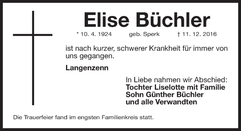  Traueranzeige für Elise Büchler vom 17.12.2016 aus Fürther Nachrichten Lokal