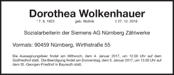 Traueranzeige von Dorothea Wolkenhauer von Gesamtausgabe Nürnberger Nachrichten/ Nürnberger Ztg.