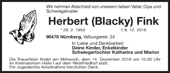 Traueranzeige von Herbert Blacky Fink von Gesamtausgabe Nürnberger Nachrichten/ Nürnberger Ztg.