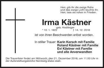 Traueranzeige von Irma Kästner von Gesamtausgabe Nürnberger Nachrichten/ Nürnberger Ztg.