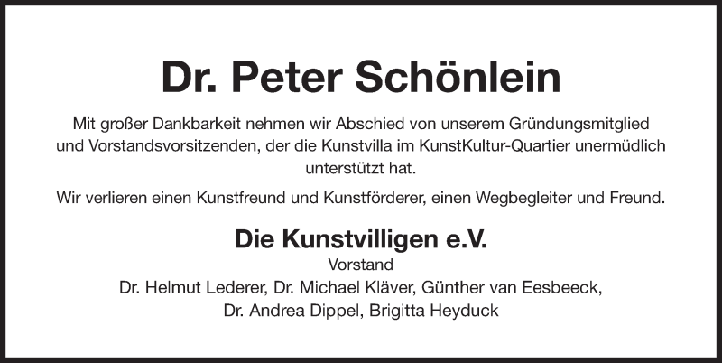  Traueranzeige für Peter Schönlein vom 03.12.2016 aus Gesamtausgabe Nürnberger Nachrichten/ Nürnberger Ztg.