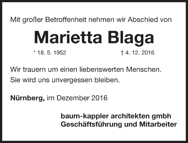  Traueranzeige für Marietta Blaga vom 10.12.2016 aus Gesamtausgabe Nürnberger Nachrichten/ Nürnberger Ztg.