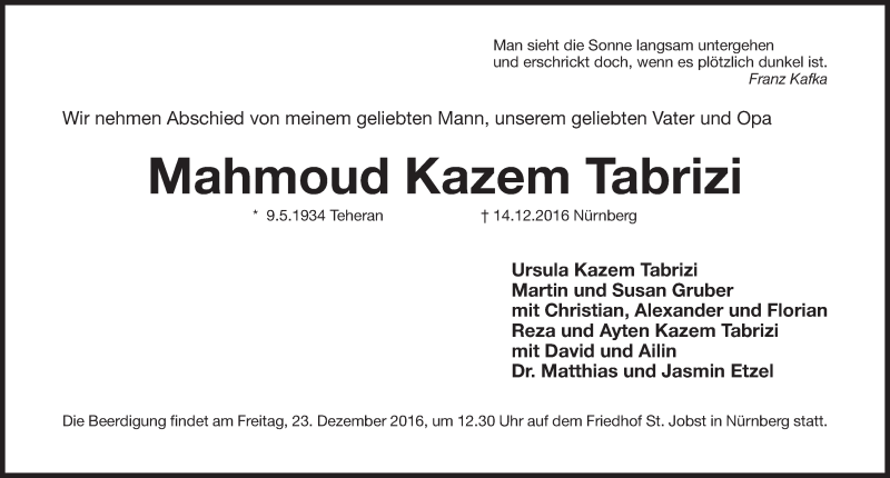  Traueranzeige für Mahmoud Kazem Tabrizi vom 17.12.2016 aus Gesamtausgabe Nürnberger Nachrichten/ Nürnberger Ztg.
