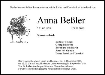 Traueranzeige von Anna Beßler von Nordbayerische Nachrichten Herzogenaurach Lokal