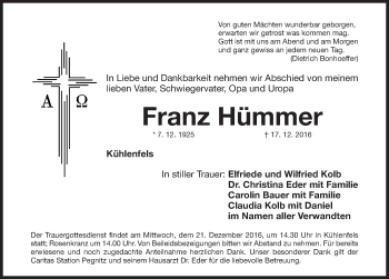 Traueranzeige von Franz Hümmer von Nordbayerische Nachrichten Pegnitz Lokal