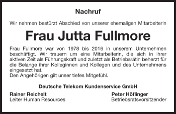 Traueranzeige von Jutta Fullmore von Gesamtausgabe Nürnberger Nachrichten/ Nürnberger Ztg.