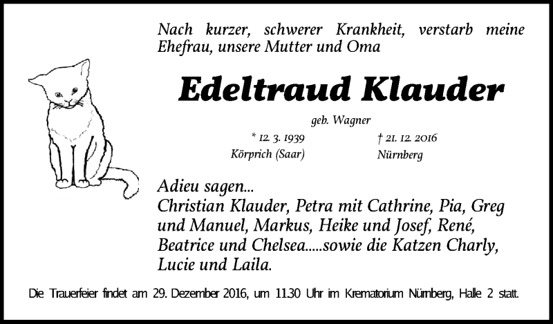  Traueranzeige für Edeltraud Klauder vom 24.12.2016 aus Gesamtausgabe Nürnberger Nachrichten/ Nürnberger Ztg.