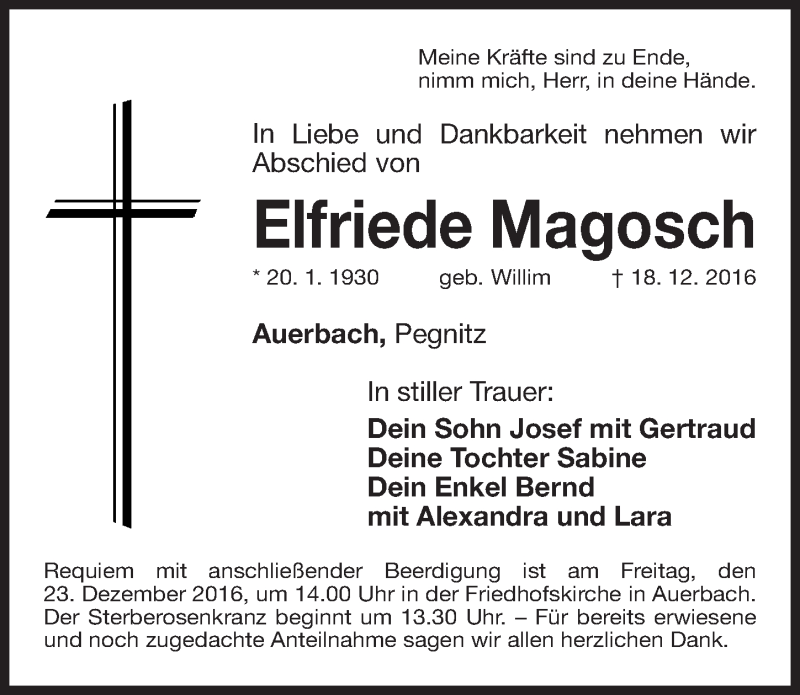  Traueranzeige für Elfriede Magosch vom 20.12.2016 aus Nordbayerische Nachrichten Pegnitz Lokal