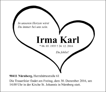 Traueranzeige von Irma Karl von Gesamtausgabe Nürnberger Nachrichten/ Nürnberger Ztg.
