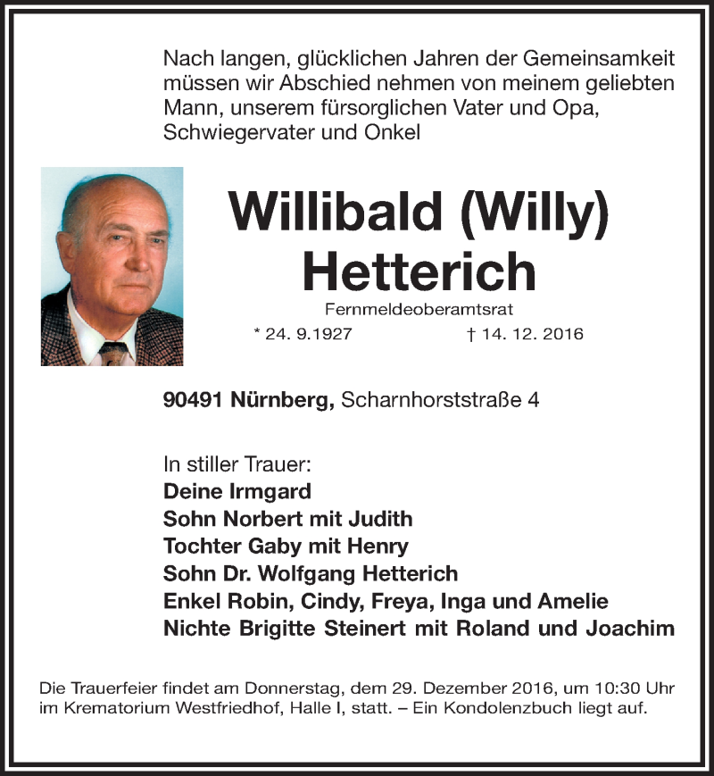  Traueranzeige für Willibald Hetterich vom 24.12.2016 aus Gesamtausgabe Nürnberger Nachrichten/ Nürnberger Ztg.