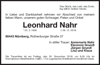 Traueranzeige von Leonhard Nahr von Gesamtausgabe Nürnberger Nachrichten/ Nürnberger Ztg.