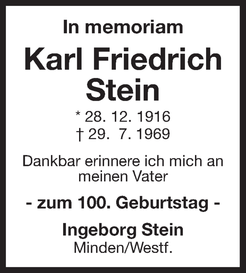  Traueranzeige für Karl Friedrich Stein vom 28.12.2016 aus Gesamtausgabe Nürnberger Nachrichten/ Nürnberger Ztg.