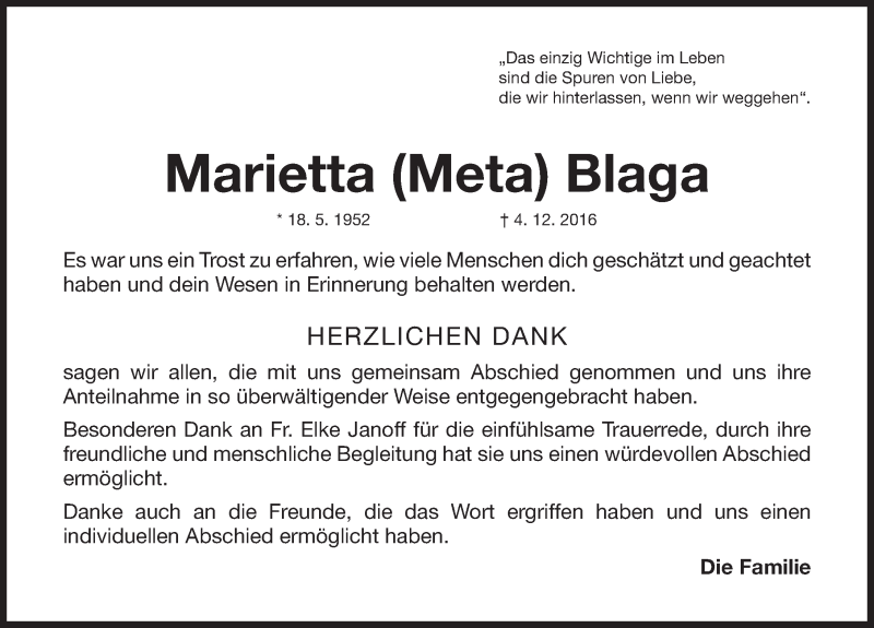  Traueranzeige für Marietta Blaga vom 20.12.2016 aus Gesamtausgabe Nürnberger Nachrichten/ Nürnberger Ztg.