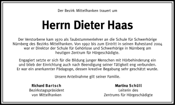 Traueranzeige von Dieter Haas von Gesamtausgabe Nürnberger Nachrichten/ Nürnberger Ztg.