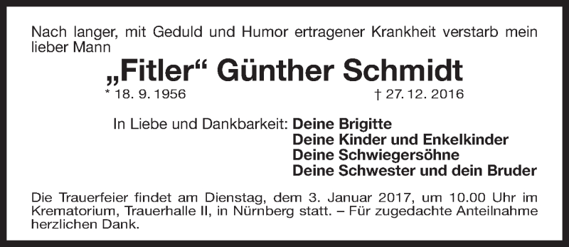  Traueranzeige für Günther Schmidt vom 29.12.2016 aus Gesamtausgabe Nürnberger Nachrichten/ Nürnberger Ztg.