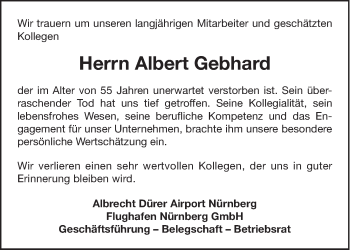 Traueranzeige von Albert Gebhard von Gesamtausgabe Nürnberger Nachrichten/ Nürnberger Ztg.