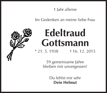Traueranzeige von Edeltraud Gottsmann von Gesamtausgabe Nürnberger Nachrichten/ Nürnberger Ztg.