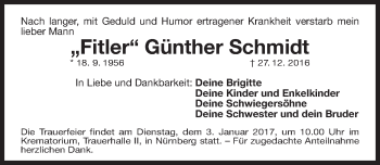 Traueranzeige von Günther Schmidt von Gesamtausgabe Nürnberger Nachrichten/ Nürnberger Ztg.