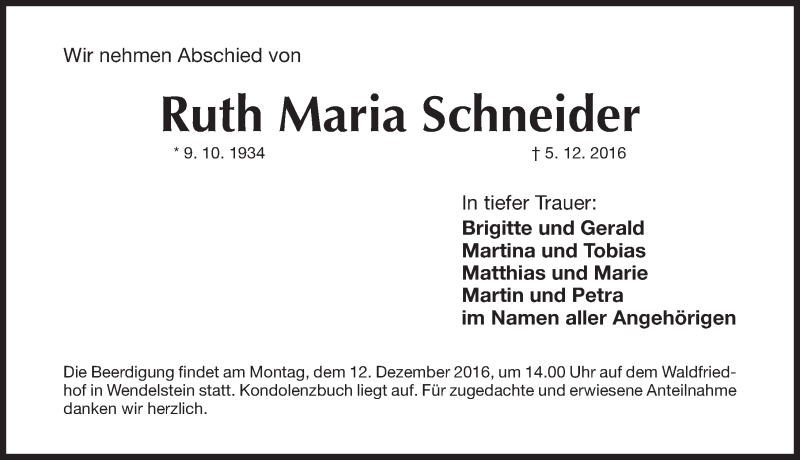  Traueranzeige für Ruth Maria Schneider vom 09.12.2016 aus Gesamtausgabe Nürnberger Nachrichten/ Nürnberger Ztg.