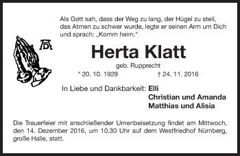 Traueranzeige von Herta Klatt von Gesamtausgabe Nürnberger Nachrichten/ Nürnberger Ztg.