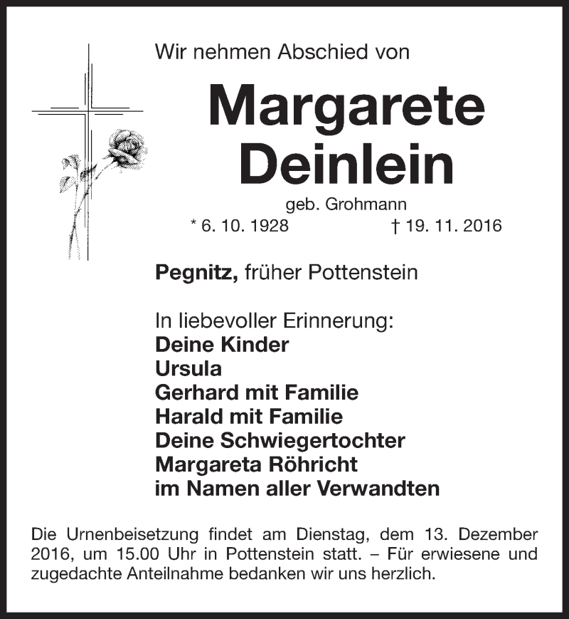  Traueranzeige für Margarete Deinlein vom 10.12.2016 aus Nordbayerische Nachrichten Pegnitz Lokal