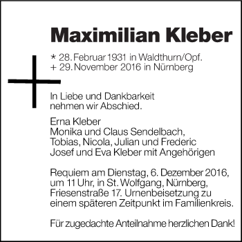 Traueranzeige von Maximilian Kleber von Gesamtausgabe Nürnberger Nachrichten/ Nürnberger Ztg.