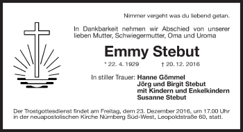 Traueranzeige von Emmy Stebut von Gesamtausgabe Nürnberger Nachrichten/ Nürnberger Ztg.