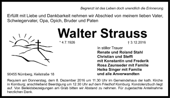 Traueranzeige von Walter Strauss von Gesamtausgabe Nürnberger Nachrichten/ Nürnberger Ztg.