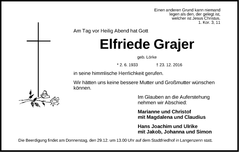  Traueranzeige für Elfriede Grajer vom 28.12.2016 aus Fürther Nachrichten Lokal