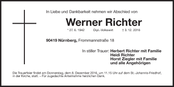 Traueranzeige von Werner Richter von Gesamtausgabe Nürnberger Nachrichten/ Nürnberger Ztg.