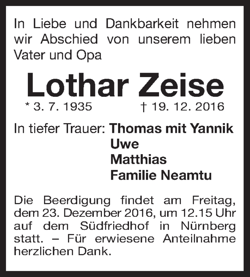  Traueranzeige für Lothar Zeise vom 21.12.2016 aus Gesamtausgabe Nürnberger Nachrichten/ Nürnberger Ztg.