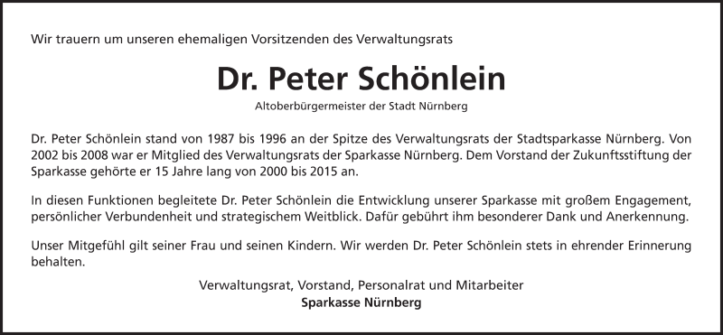  Traueranzeige für Peter Schönlein vom 03.12.2016 aus Gesamtausgabe Nürnberger Nachrichten/ Nürnberger Ztg.