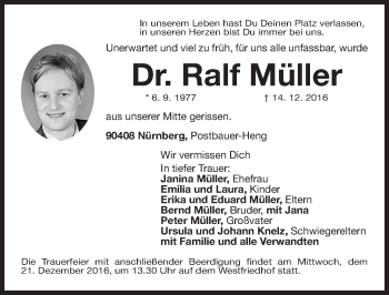 Traueranzeige von Ralf Müller von Gesamtausgabe Nürnberger Nachrichten/ Nürnberger Ztg.