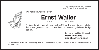 Traueranzeige von Ernst Waller von Gesamtausgabe Nürnberger Nachrichten/ Nürnberger Ztg.
