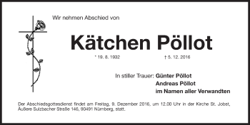 Traueranzeige von Kätchen Pöllot von Gesamtausgabe Nürnberger Nachrichten/ Nürnberger Ztg.