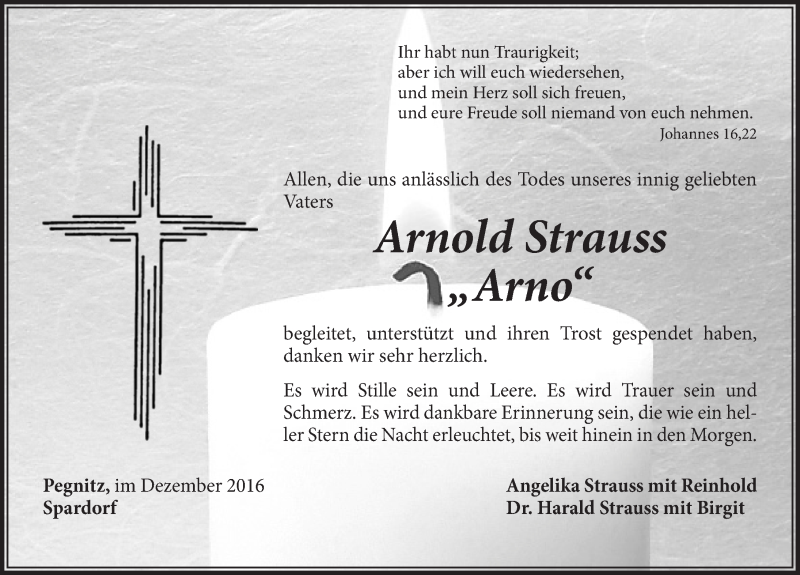  Traueranzeige für Arnold Strauss vom 31.12.2016 aus Nordbayerische Nachrichten Pegnitz Lokal