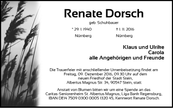 Traueranzeige von Renate Dorsch von Gesamtausgabe Nürnberger Nachrichten/ Nürnberger Ztg.