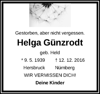 Traueranzeige von Helga Günzrodt von Gesamtausgabe Nürnberger Nachrichten/ Nürnberger Ztg.